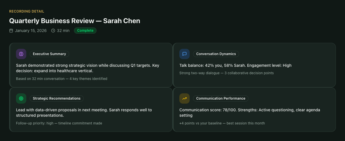Recording detail page with insight cards and transcript highlights